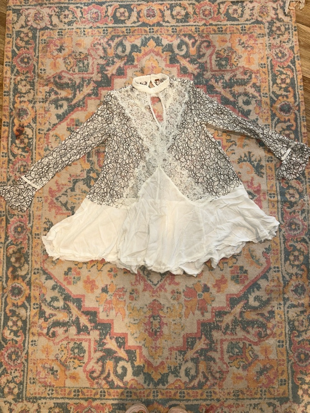 FREE PEOPLE Lace-Front Floral Long-Sleeve Peplum Top in White and Black